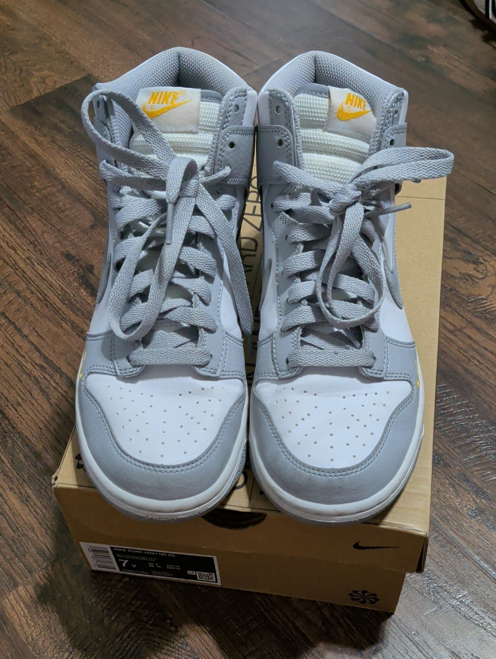 Nike Kids' Light Gray and White High-Top Sneakers with Yellow Logo